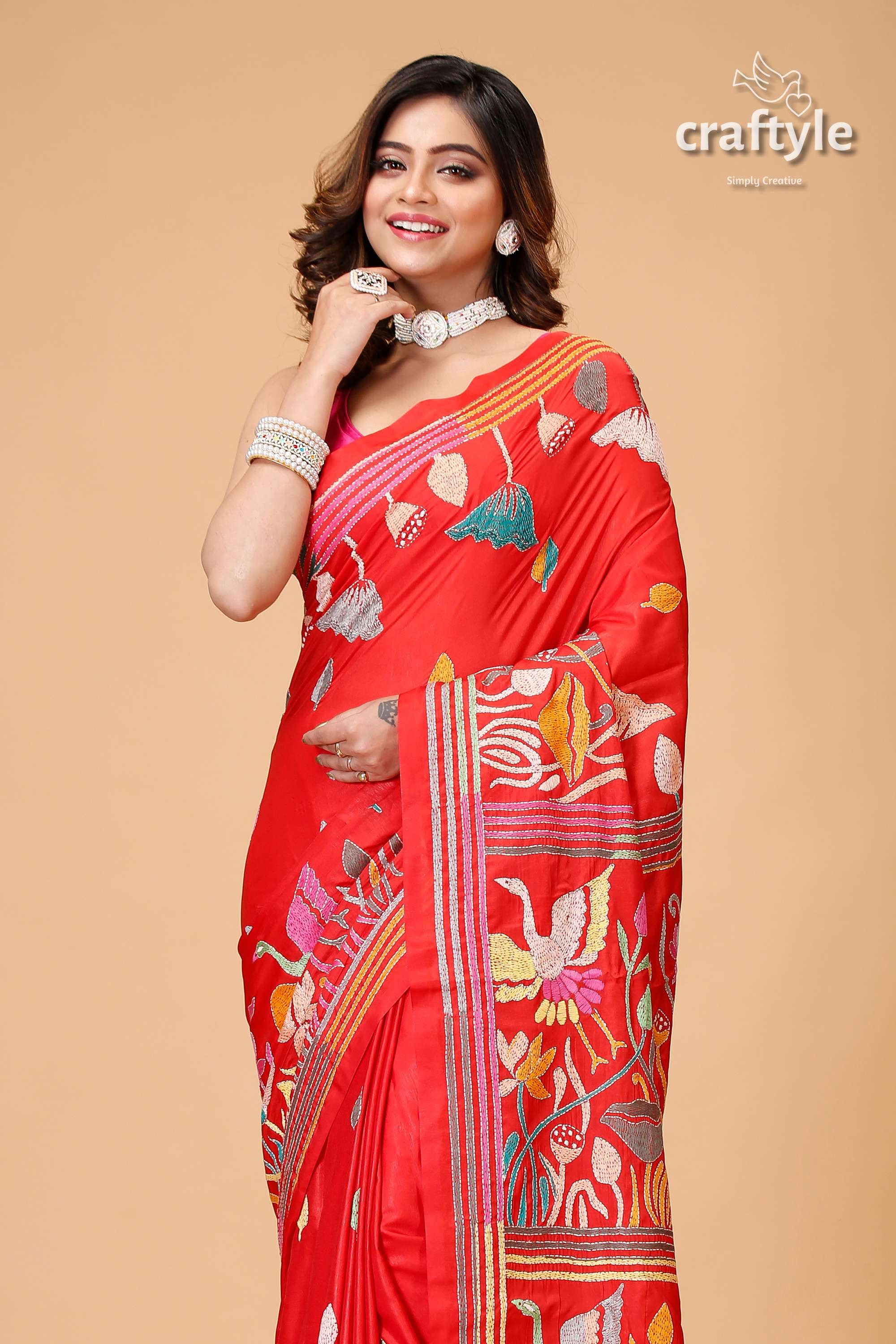 Crimson Red Lotus Design Exclusive Silk Kantha Saree - Craftyle