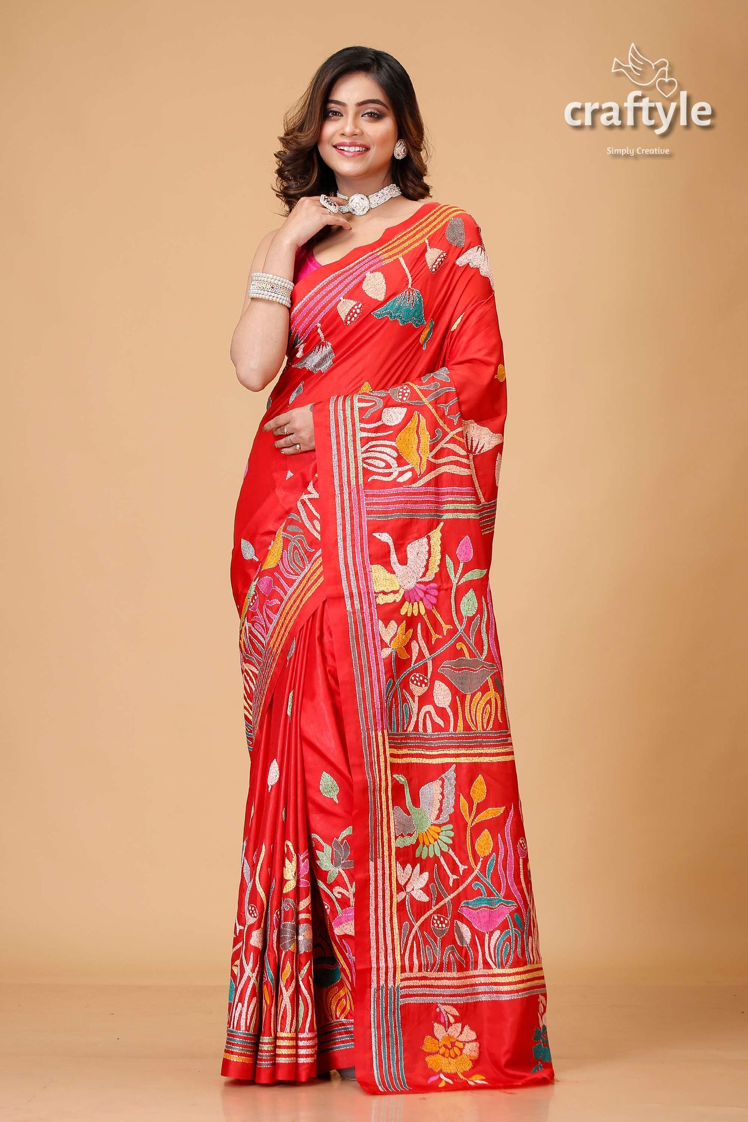 Crimson Red Lotus Design Exclusive Silk Kantha Saree - Craftyle