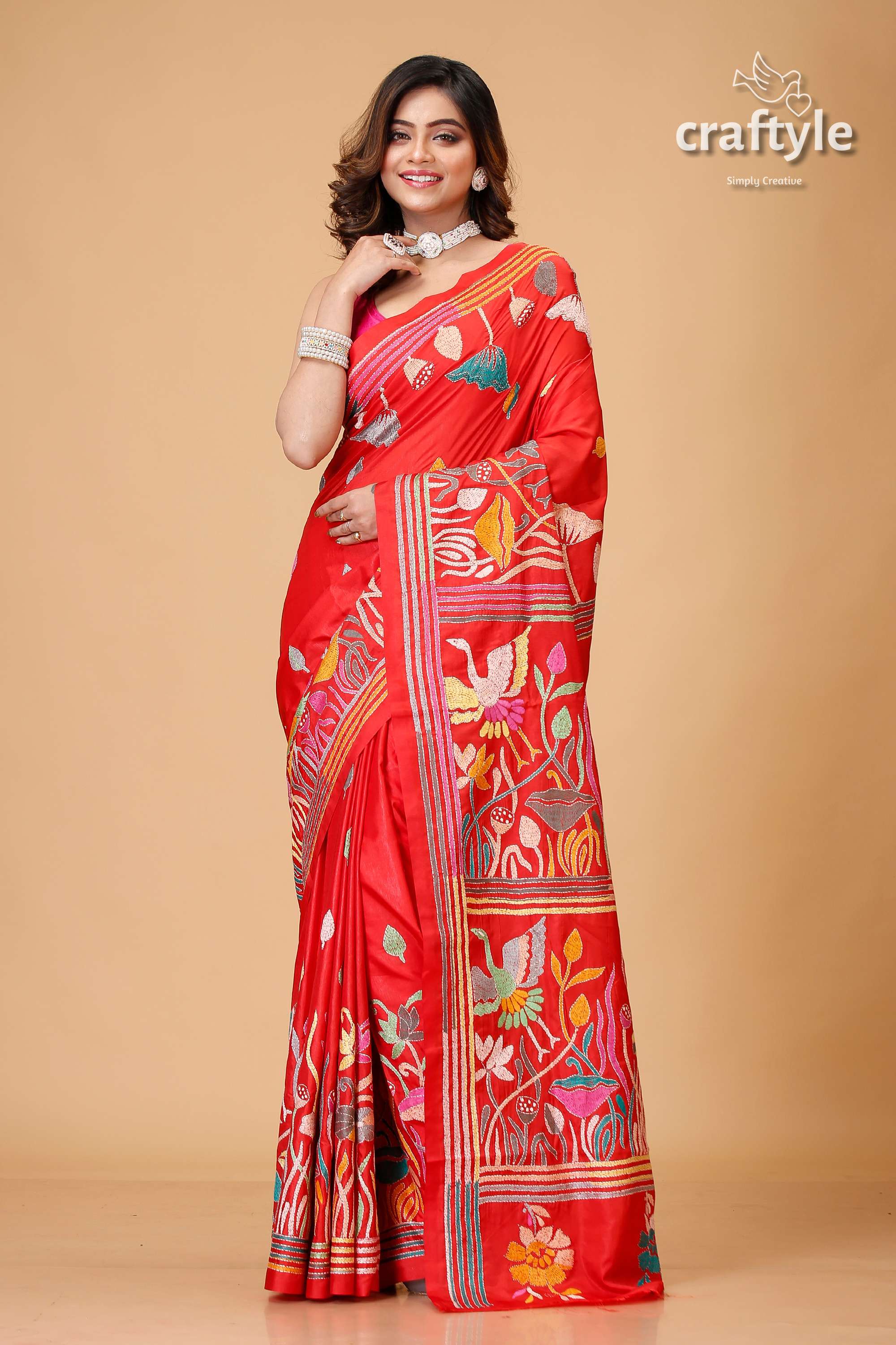 Crimson Red Lotus Design Exclusive Silk Kantha Saree - Craftyle