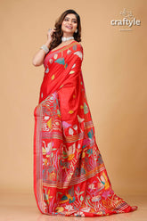 Crimson Red Lotus Design Exclusive Silk Kantha Saree - Craftyle