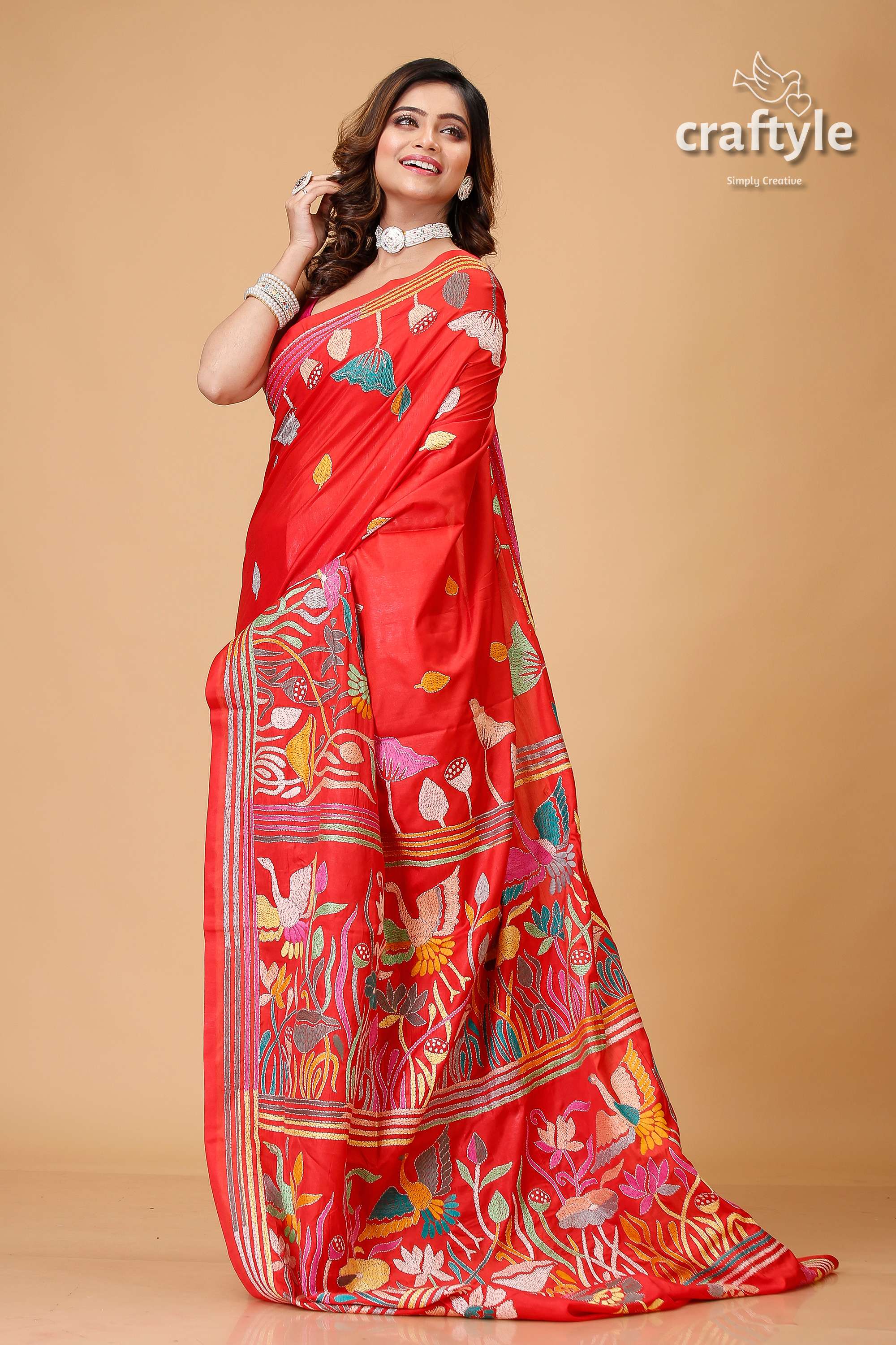 Crimson Red Lotus Design Exclusive Silk Kantha Saree - Craftyle