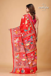 Crimson Red Lotus Design Exclusive Silk Kantha Saree - Craftyle
