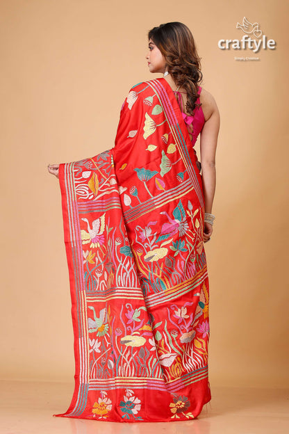 Crimson Red Lotus Design Exclusive Silk Kantha Saree - Craftyle