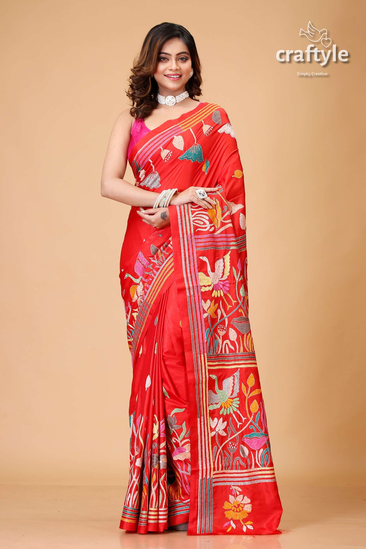 Crimson Red Lotus Design Exclusive Silk Kantha Saree - Craftyle
