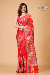Crimson Red Lotus Design Exclusive Silk Kantha Saree - Craftyle