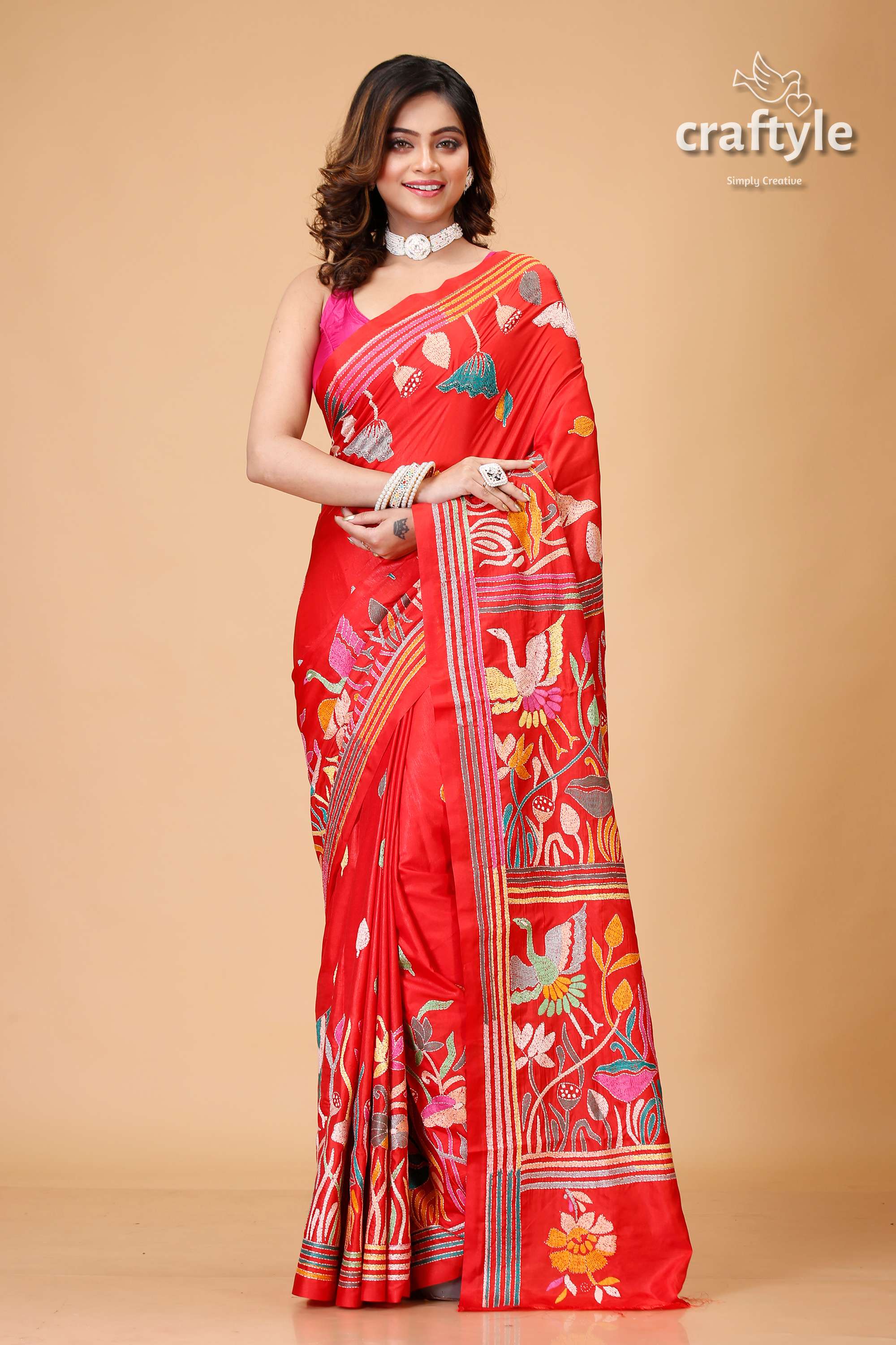 Crimson Red Lotus Design Exclusive Silk Kantha Saree - Craftyle