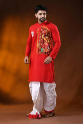 Crimson red pure cotton ma durga printed kurta for men - festive wear 3
