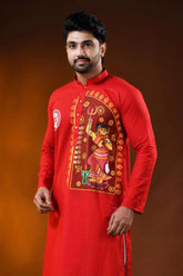 Crimson red pure cotton ma durga printed kurta for men - festive wear 2