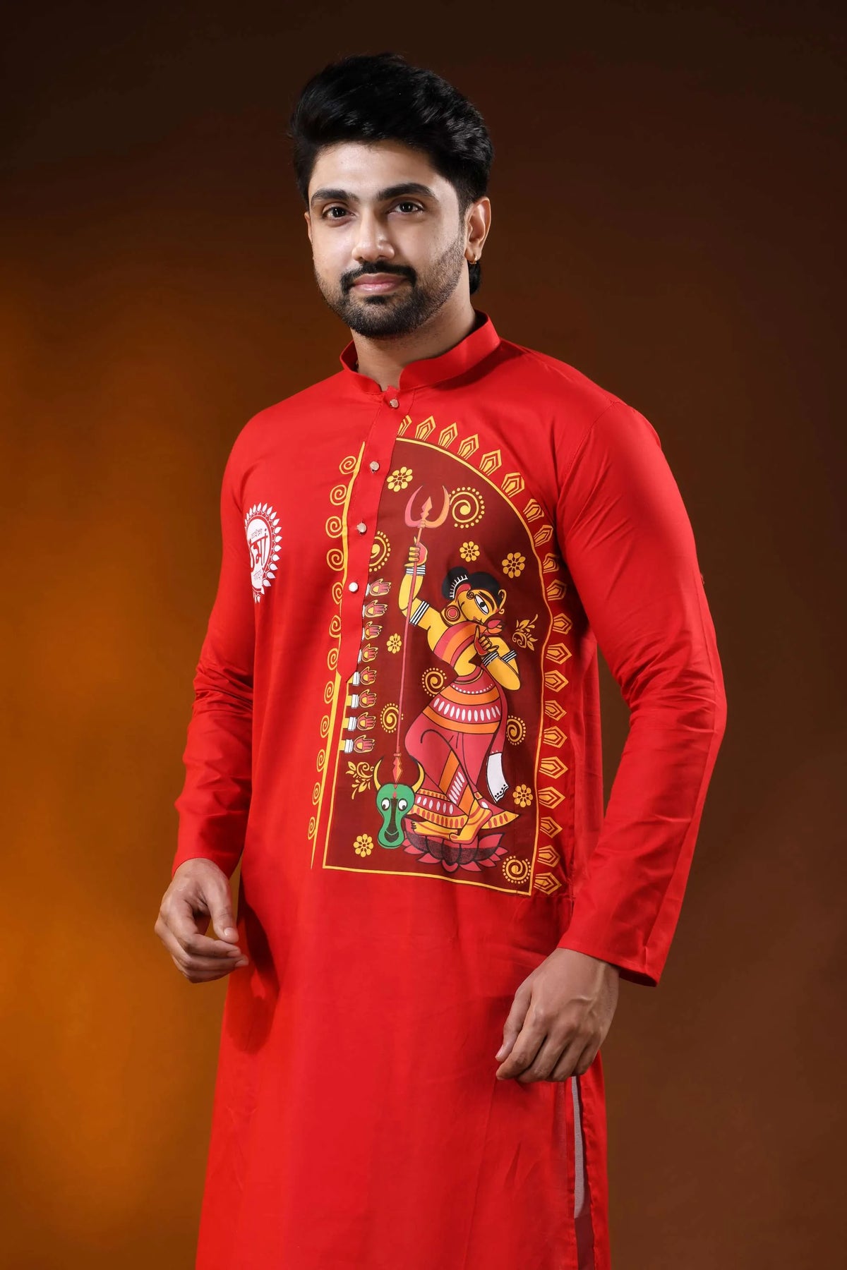 Crimson red pure cotton ma durga printed kurta for men - festive wear 2