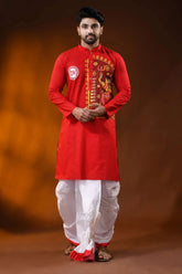 Crimson red pure cotton ma durga printed kurta for men - festive wear 6