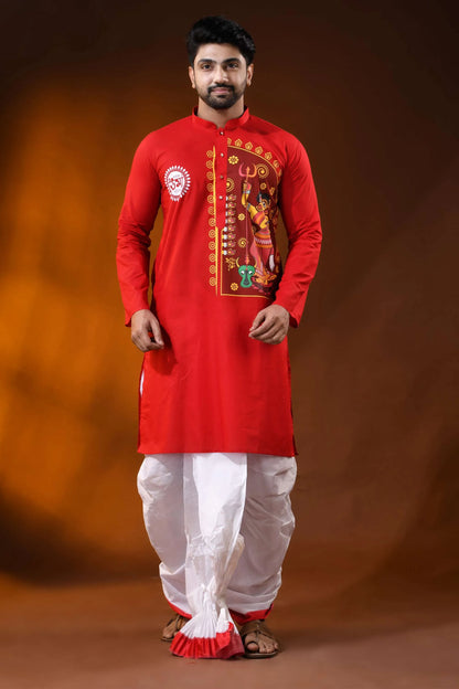 Crimson red pure cotton ma durga printed kurta for men - festive wear 1