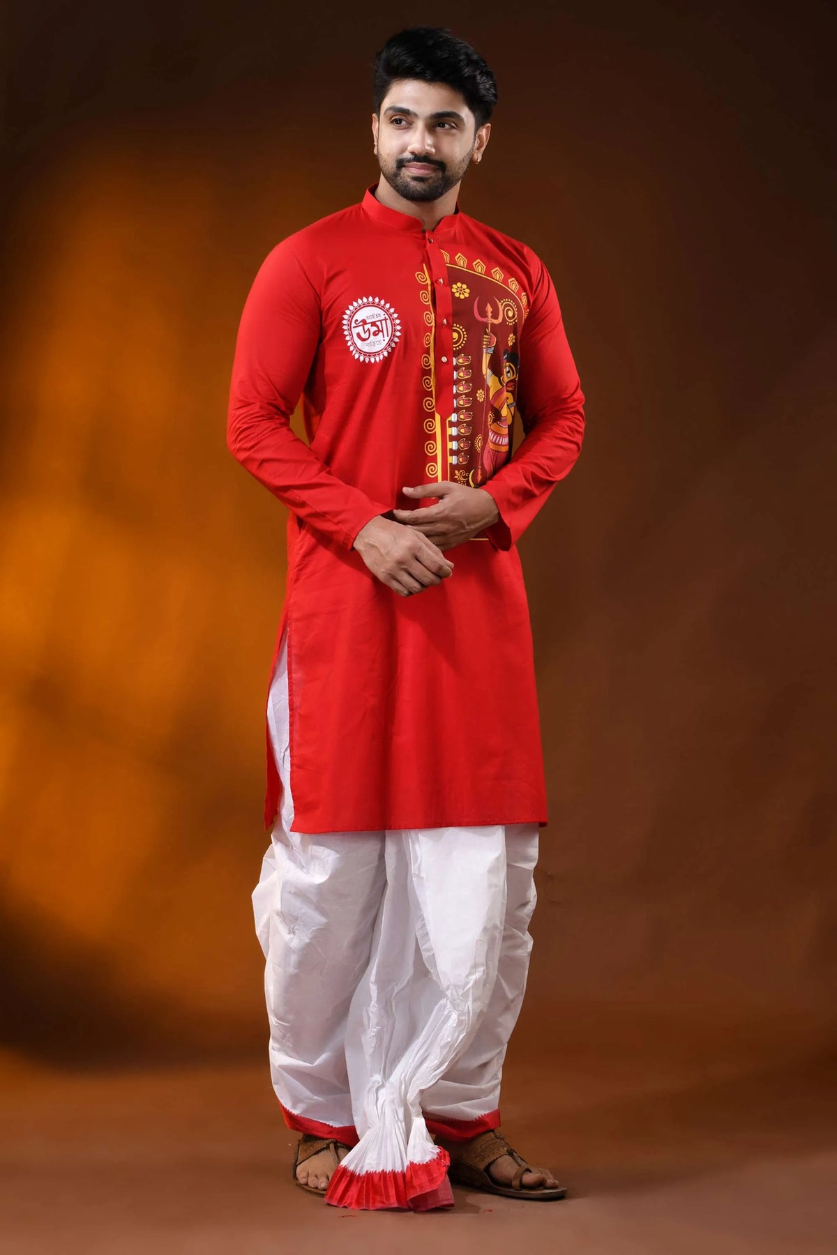 Crimson red pure cotton ma durga printed kurta for men - festive wear 4