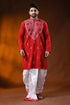 Crimson red rose motif kantha stitch cotton kurta for men - reverse 1