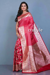 Crimson Red Satin Silk Banarasi Saree with Blouse Piece - Craftyle