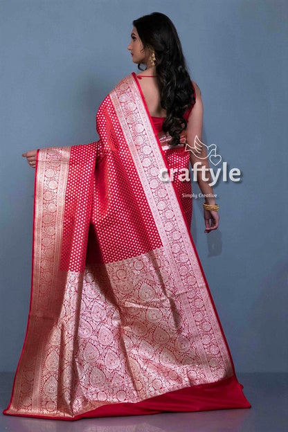 Crimson Red Satin Silk Banarasi Saree with Blouse Piece - Craftyle