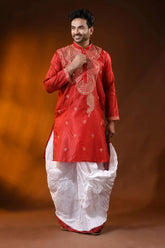 Crimson red semi tussar embroidery kurta for men - paisley design 6