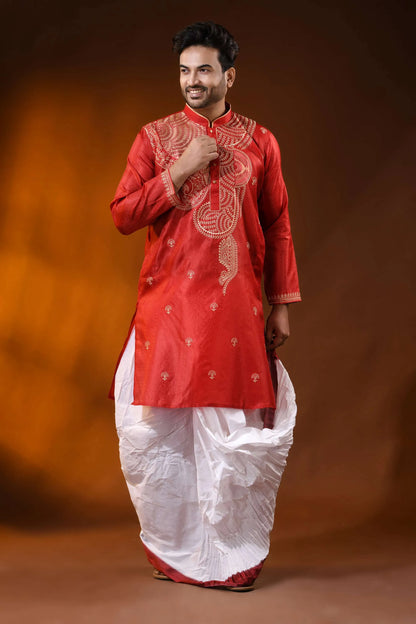Crimson red semi tussar embroidery kurta for men - paisley design 6
