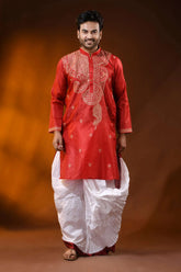 Crimson red semi tussar embroidery kurta for men - paisley design 1