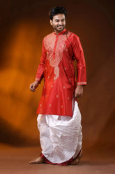 Crimson red semi tussar embroidery kurta for men - paisley design 4