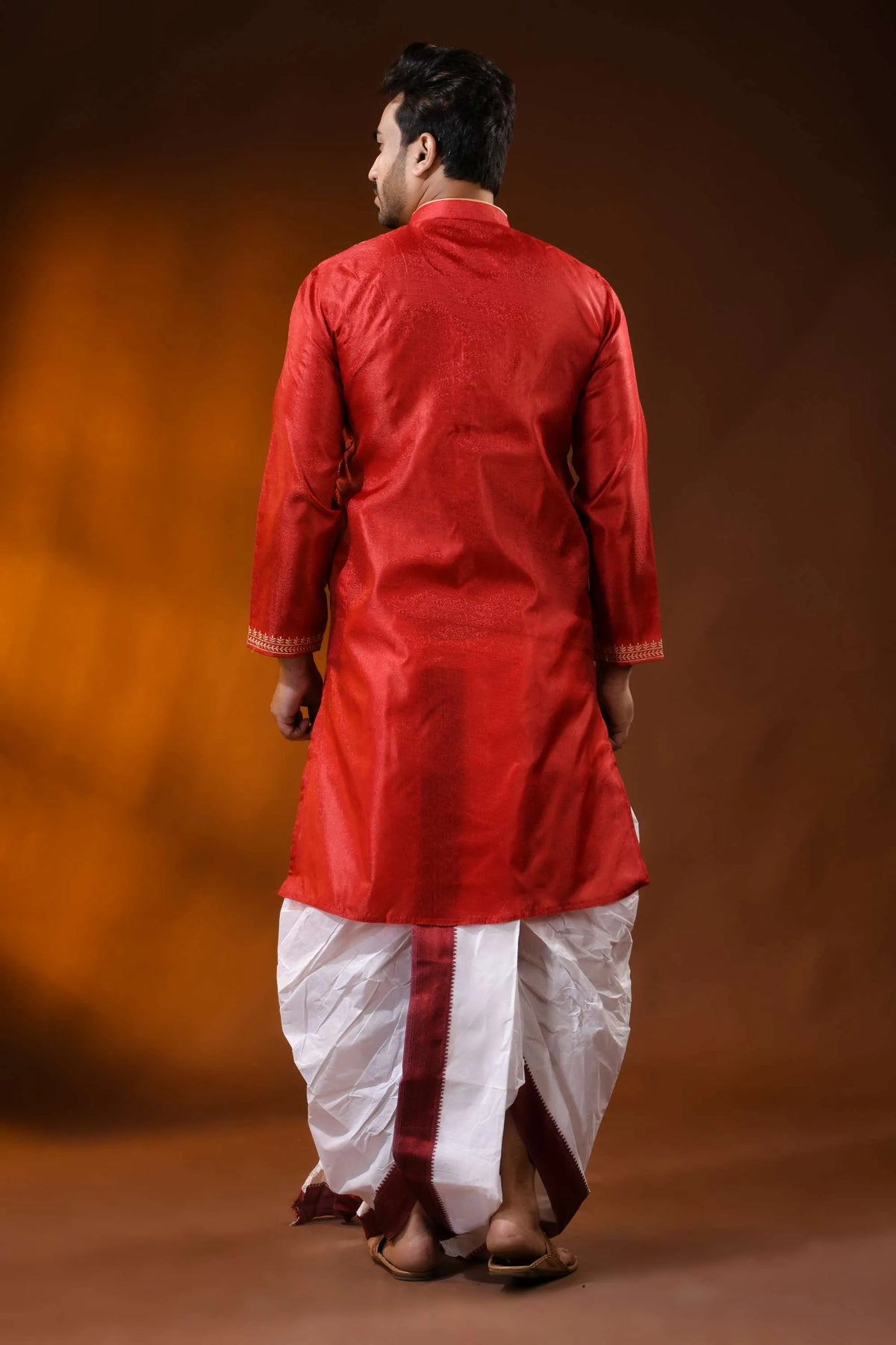 Crimson red semi tussar embroidery kurta for men - paisley design 5