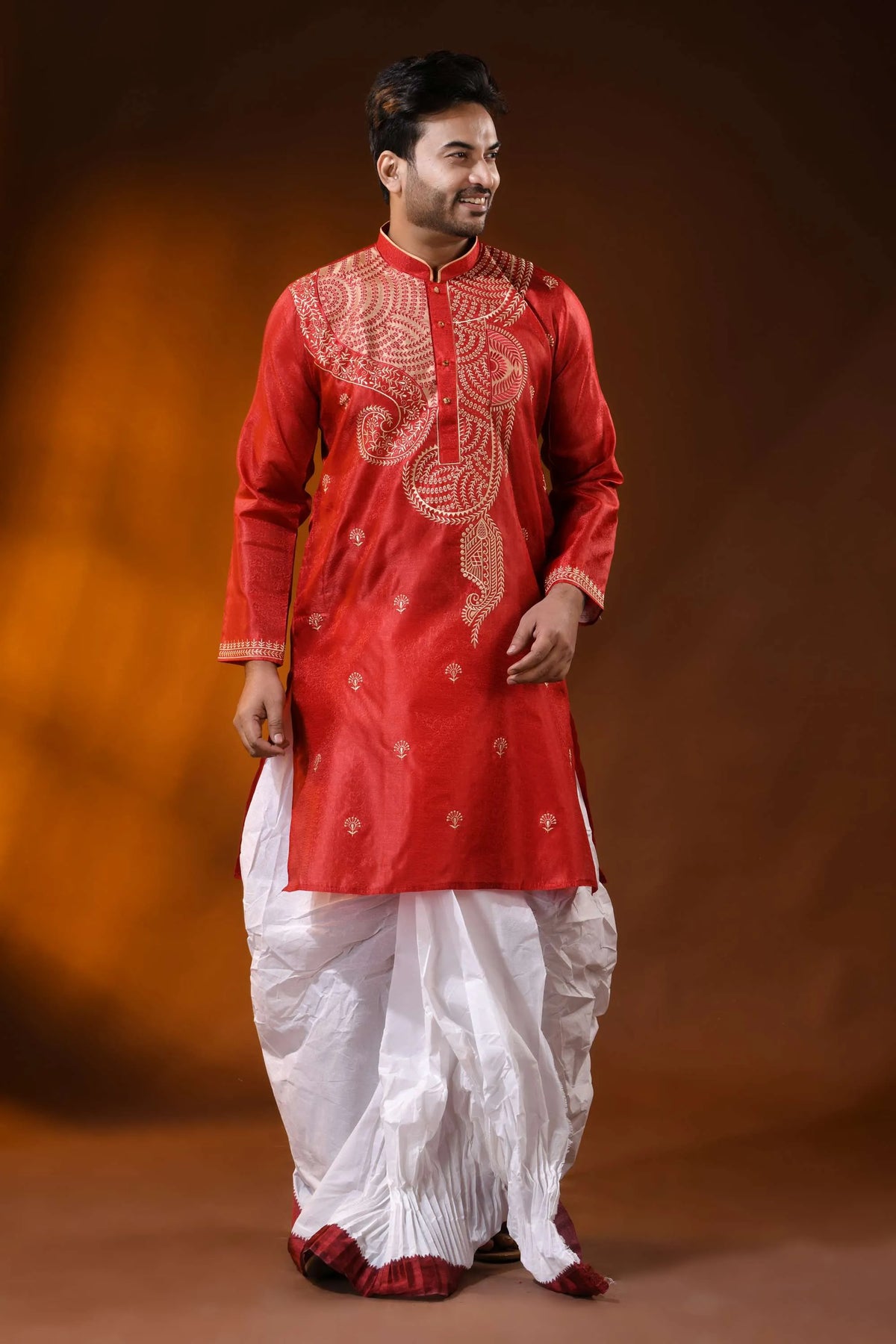 Crimson red semi tussar embroidery kurta for men - paisley design 7