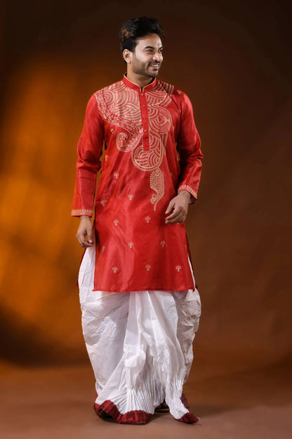 Crimson red semi tussar embroidery kurta for men - paisley design 7