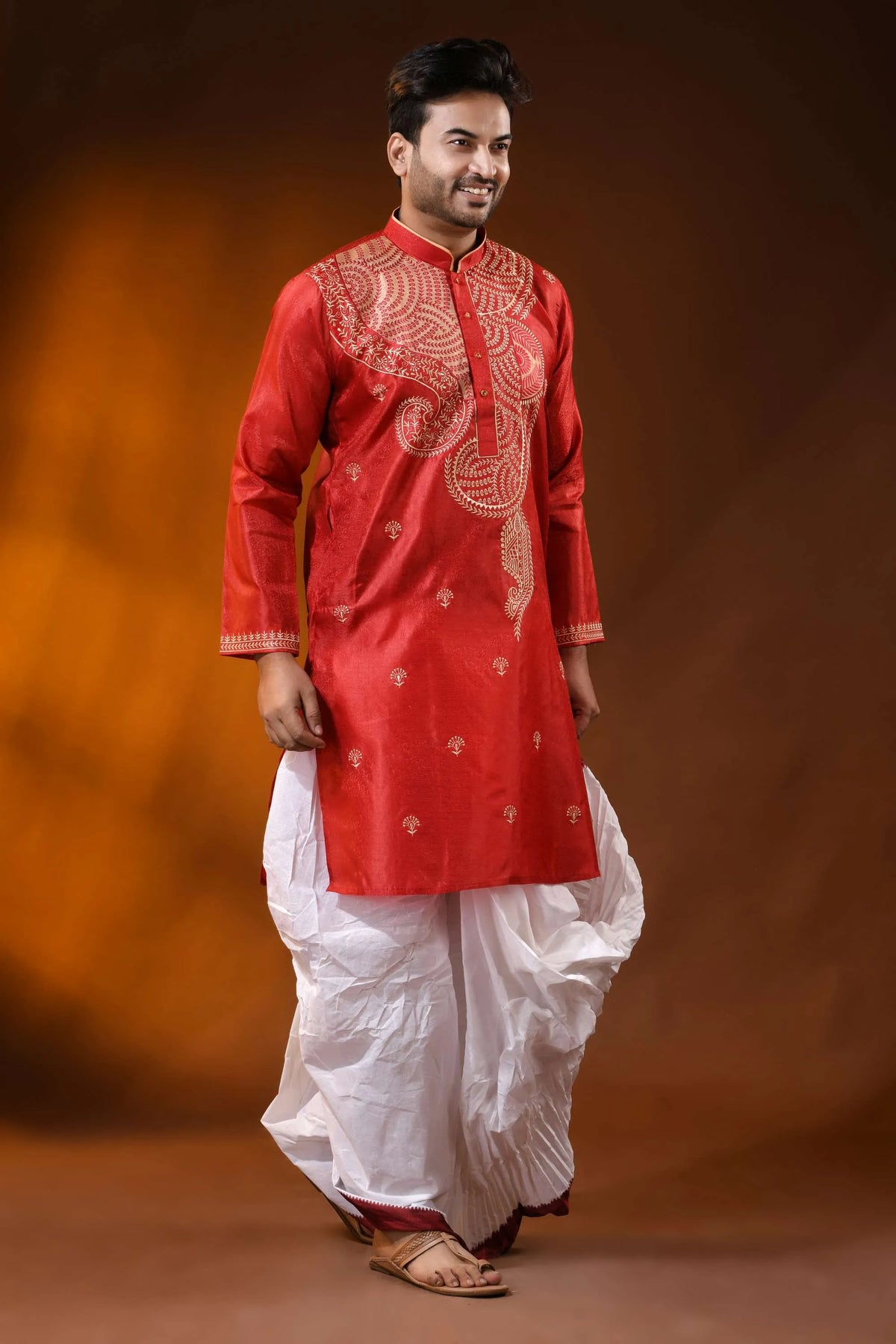 Crimson red semi tussar embroidery kurta for men - paisley design 3