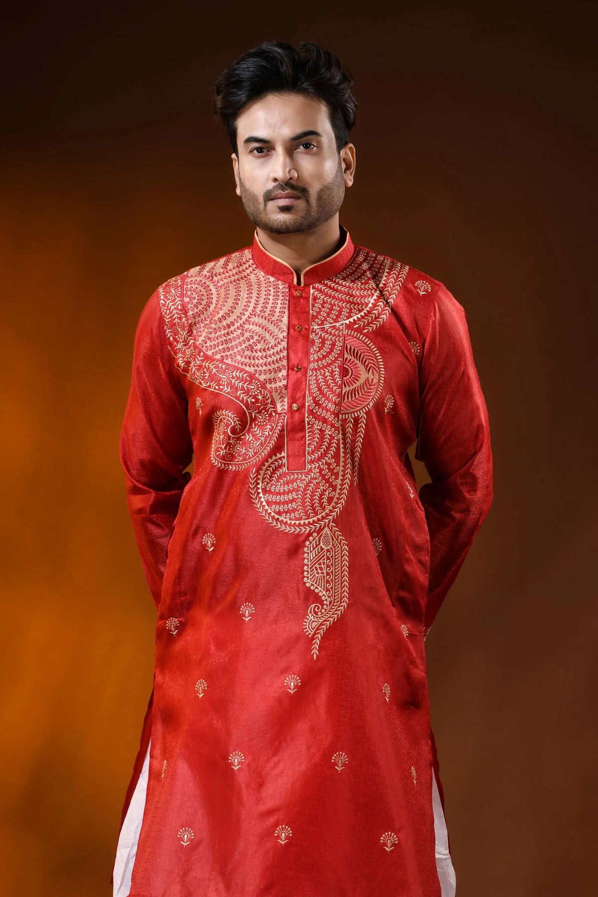 Crimson red semi tussar embroidery kurta for men - paisley design 2