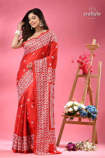 Crimson red silk kutch thread embroidery saree woman vibrant red saree intricate 7