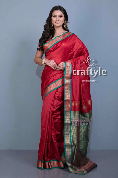 Crimson red traditional bomkai semi silk saree for women red silk saree green gold 1