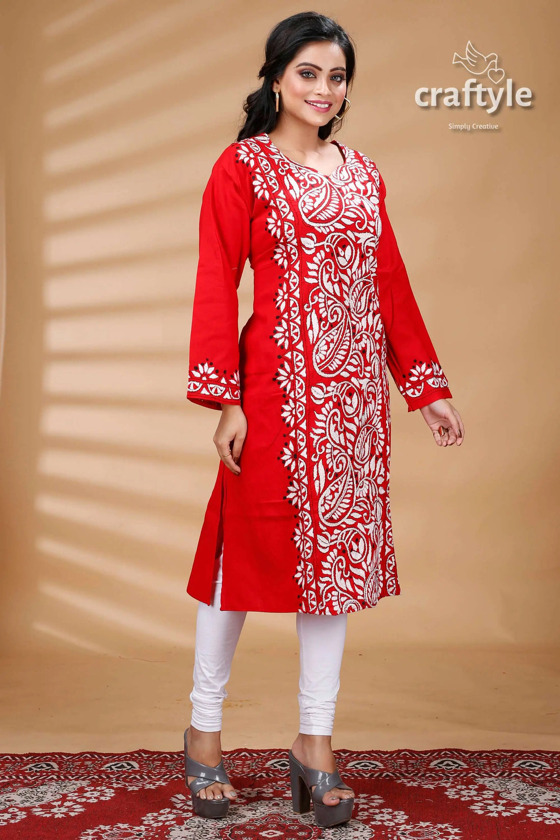 Crimson red white allover thread work cotton kantha kurti red embroidered tunic 1