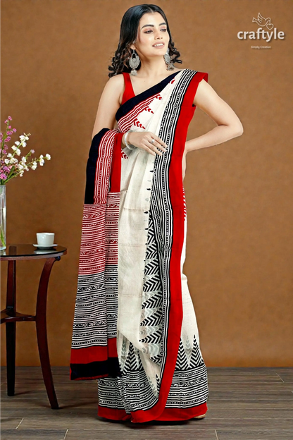 Crimson red white hand block printed mulberry pure silk saree 3