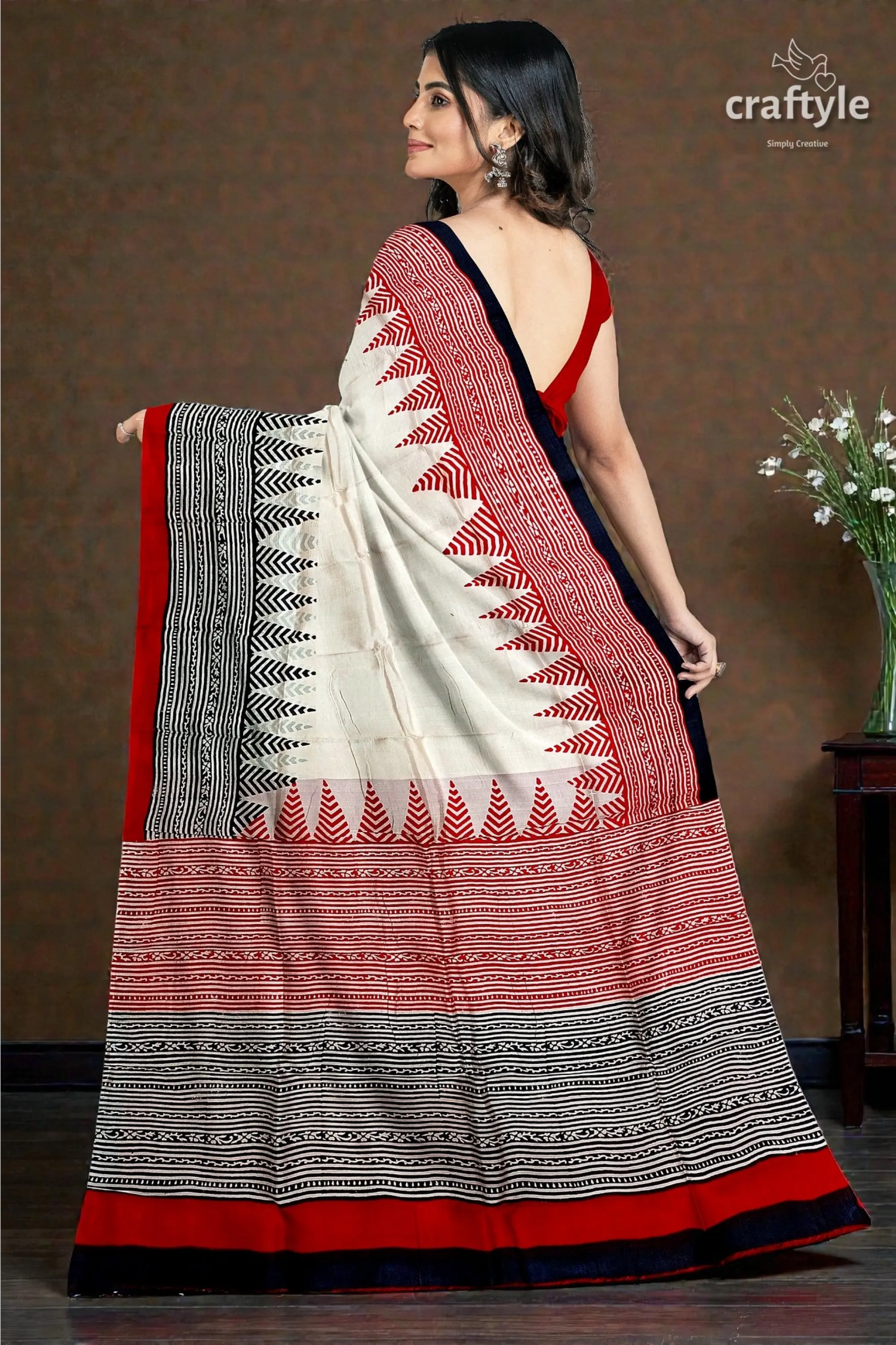 Crimson red white hand block printed mulberry pure silk saree 6