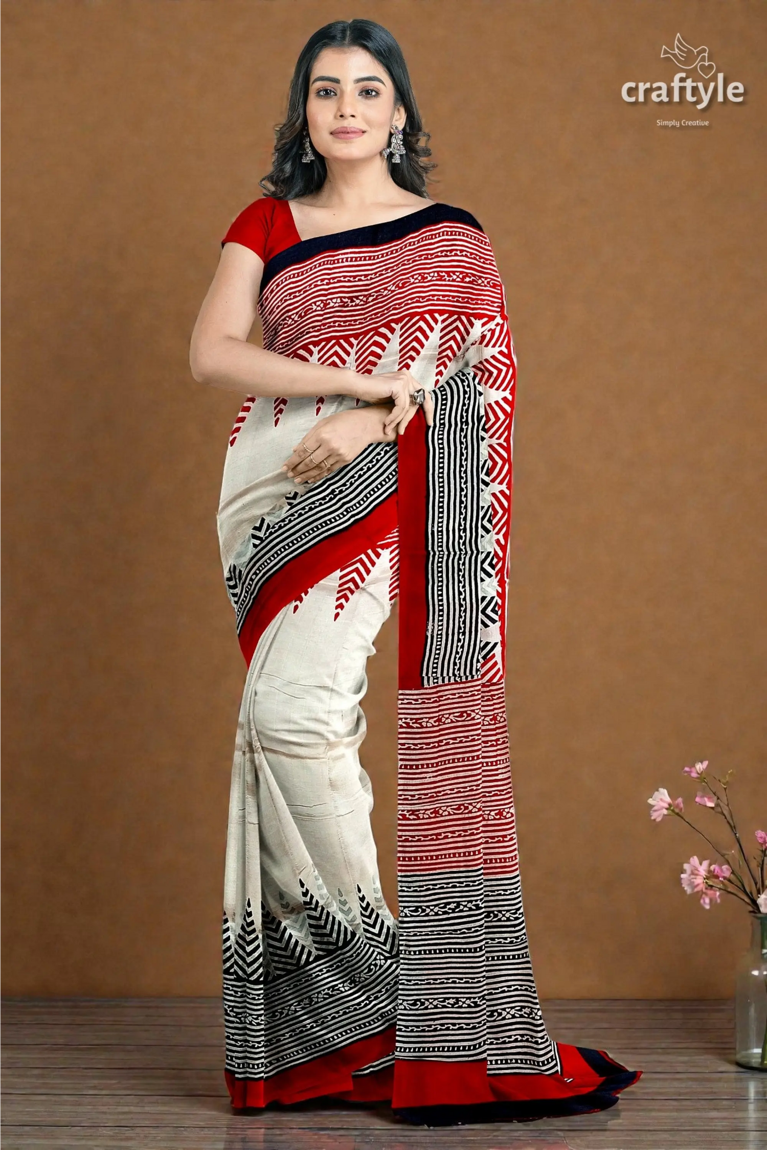 Crimson red white hand block printed mulberry pure silk saree 4