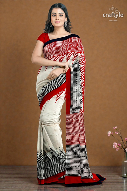 Crimson red white hand block printed mulberry pure silk saree 4