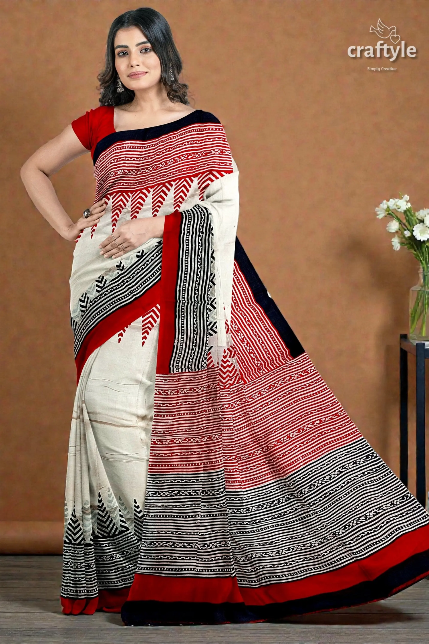 Crimson red white hand block printed mulberry pure silk saree 5