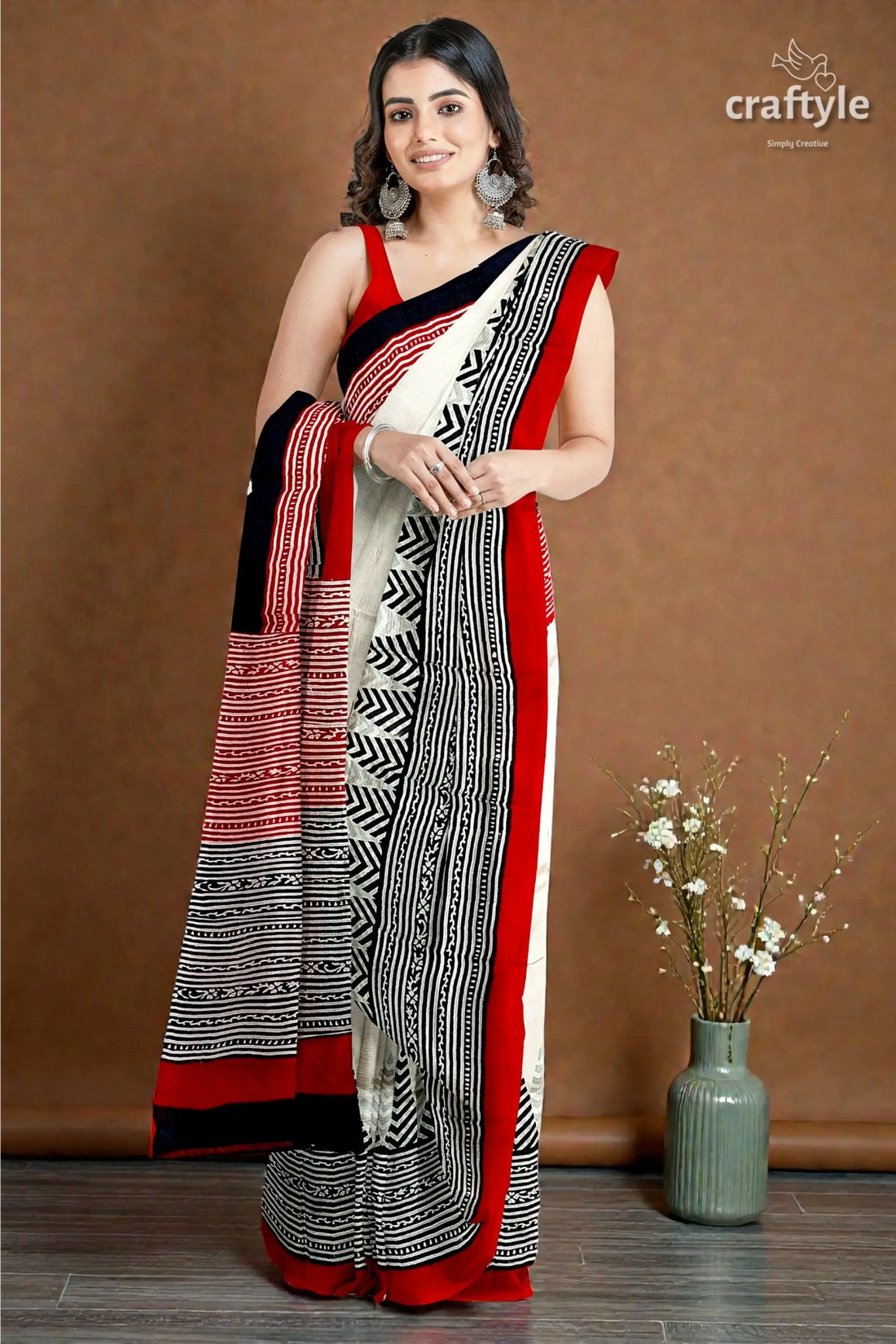 Crimson red white hand block printed mulberry pure silk saree 1
