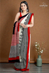 Crimson red white hand block printed mulberry pure silk saree 1