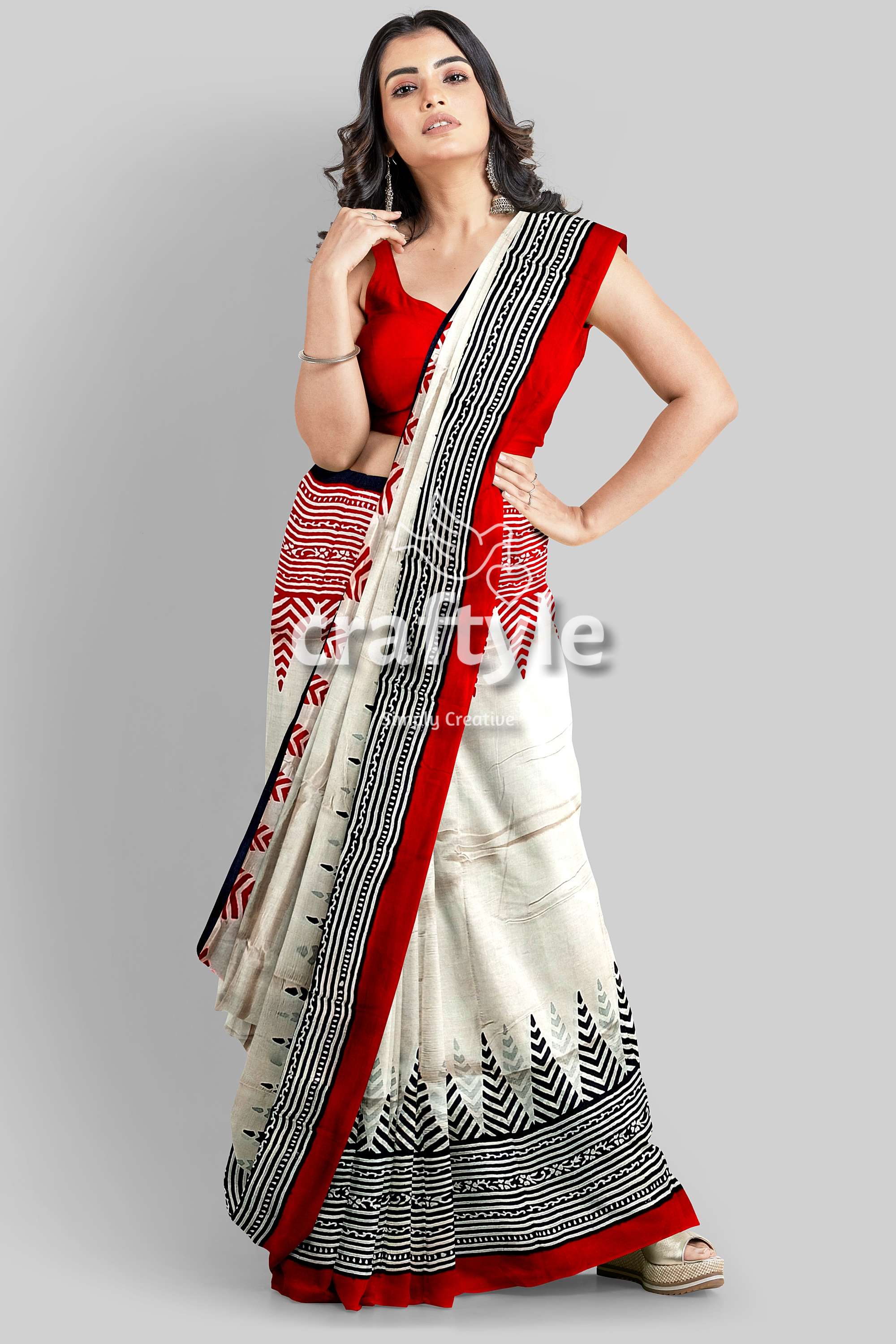 Crimson Red White Hand Block Printed Mulberry Pure Silk Saree - Craftyle