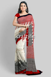 Crimson Red White Hand Block Printed Mulberry Pure Silk Saree - Craftyle