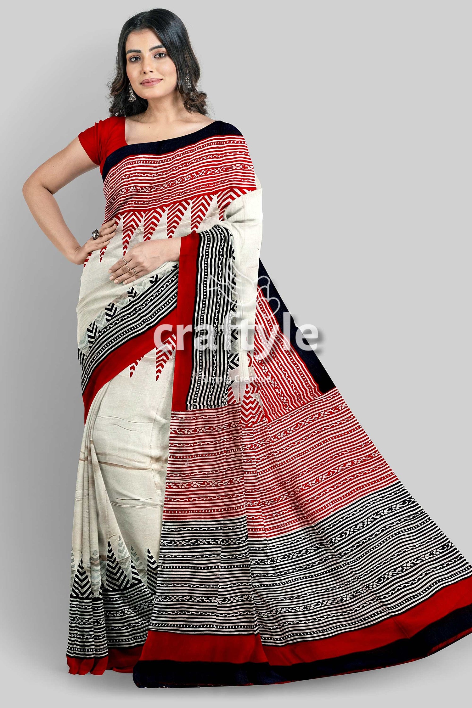 Crimson Red White Hand Block Printed Mulberry Pure Silk Saree - Craftyle