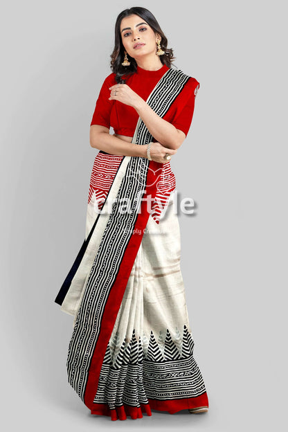 Crimson Red White Hand Block Printed Mulberry Pure Silk Saree - Craftyle