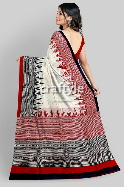 Crimson Red White Hand Block Printed Mulberry Pure Silk Saree - Craftyle