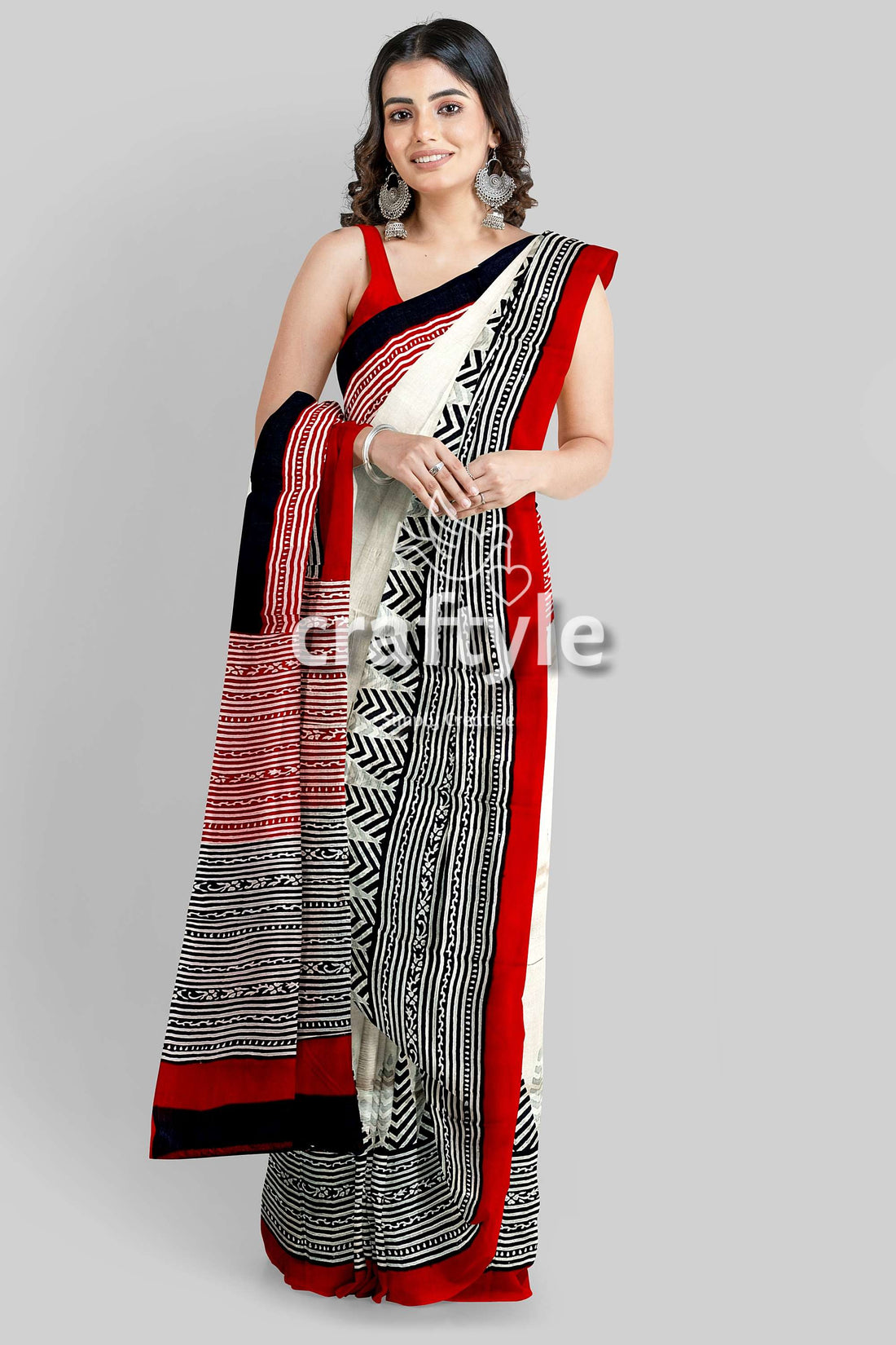 Crimson Red White Hand Block Printed Mulberry Pure Silk Saree - Craftyle