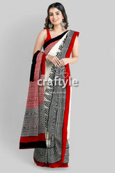 Crimson Red White Hand Block Printed Mulberry Pure Silk Saree - Craftyle