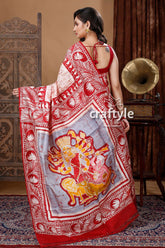 Crimson Red & White Ma Durga Motif Hand Batik Pure Mulberry Silk Saree - Craftyle