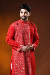Crimson red white thread kantha stitch pure cotton kurta for men 2