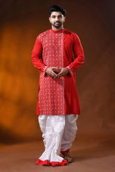 Crimson red white thread kantha stitch pure cotton kurta for men 1