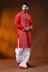 Crimson red white thread kantha stitch pure cotton kurta for men 4