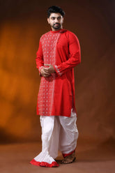 Crimson red white thread kantha stitch pure cotton kurta for men 3